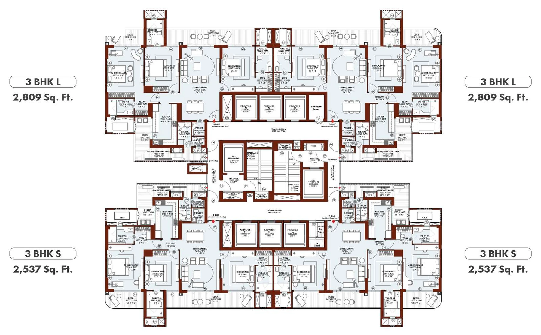 Typical floor plan of the 3 BHK L and 3 BHK S residences
