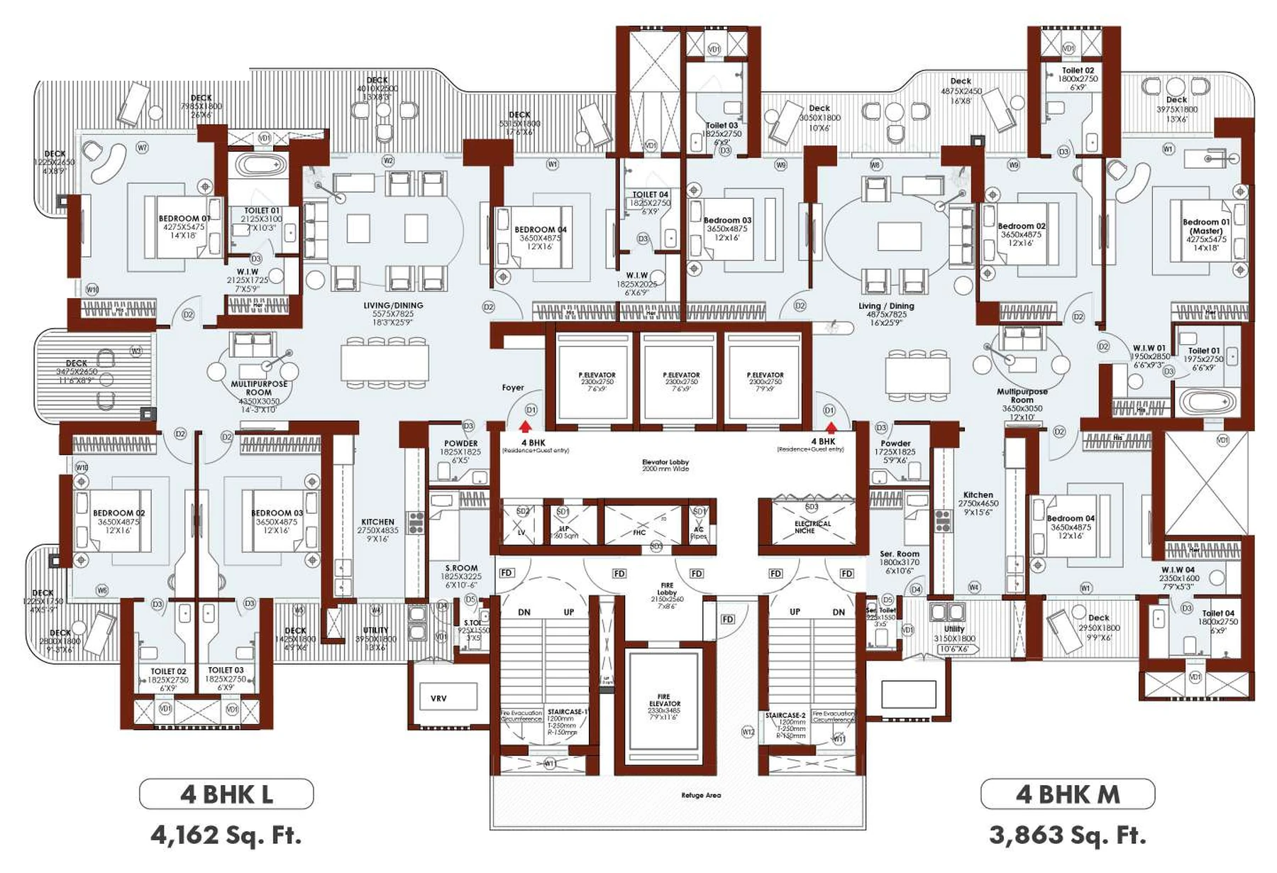 Typical floor plan of the 4 BHK L and 4 BHK M residences